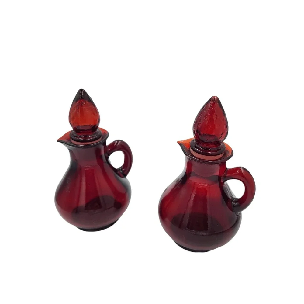 Vintage Pair Avon Cruet Cape Cod Ruby Red Glass Strawberry Top Numbers‎ 5 & 26